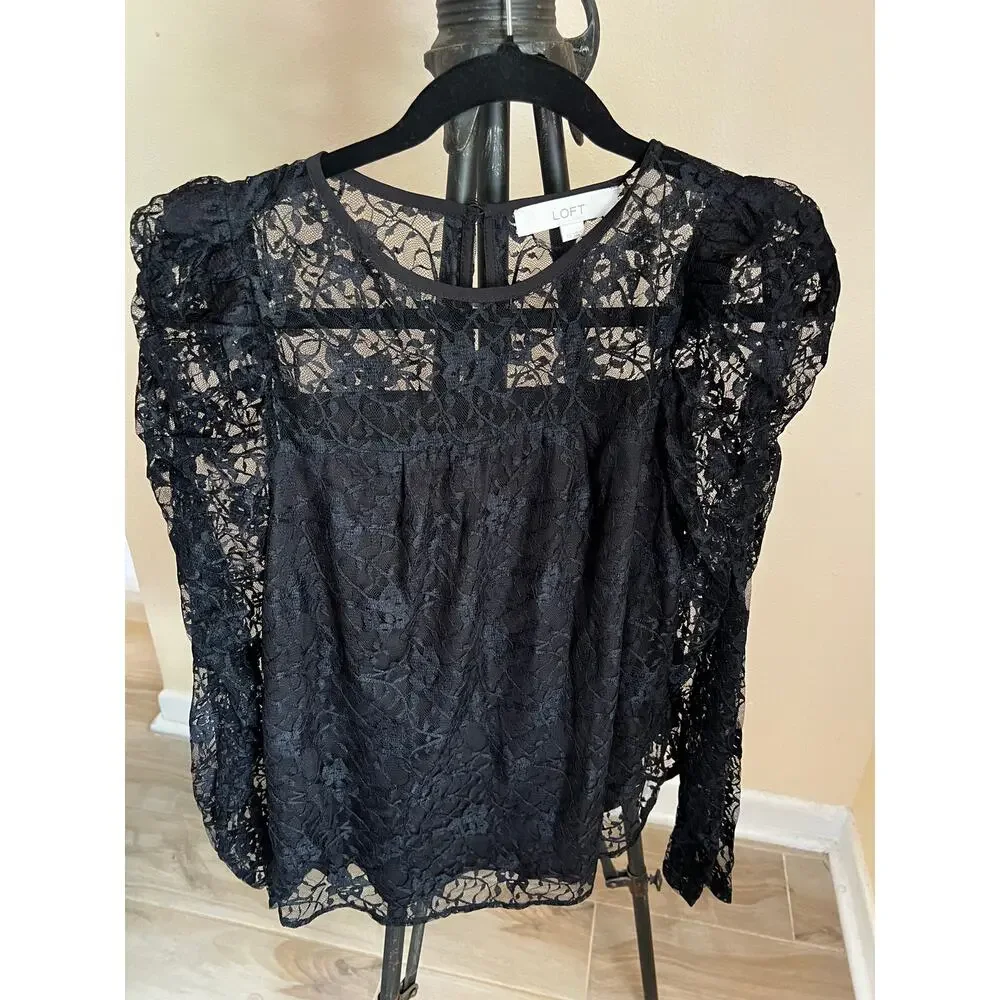 LOFT Puff Sleeve Lace Blouse  XS